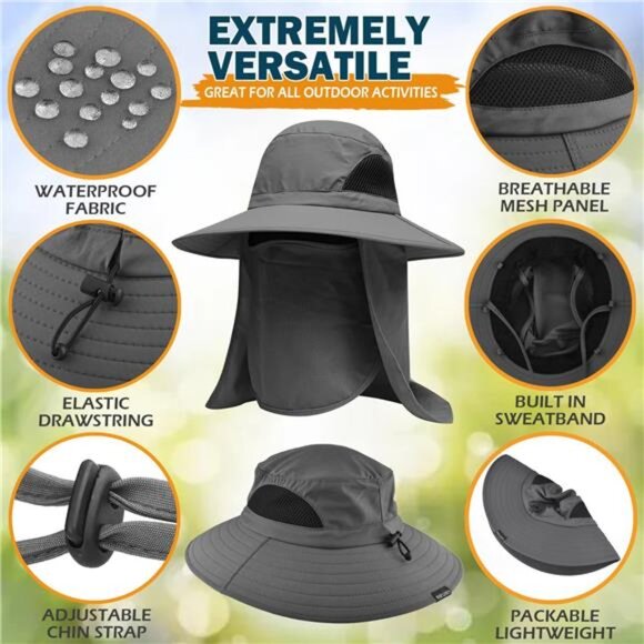 Fishing Hat with Neck Flap, UV Protection Wide Brim Sun Hat for Men Women - Picture 6 of 7